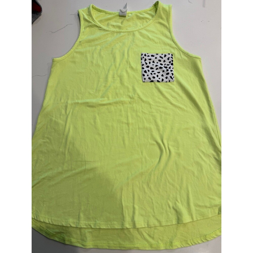 Neon yellow tank top with cow print pocket